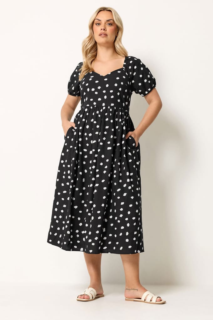 Yours Zwarte Linnen Jurk Met Stippen En Pofmouwen Size 50-52