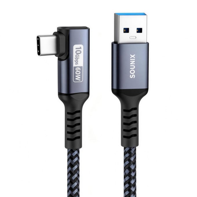 Sounix USB C kabel - USB 3.2 naar USB C - 2 Meter - USB C naar USB A - USB 3.2 - Snellader - Oplader - Oplaadkabel - L shape - Gevlochten Nylon