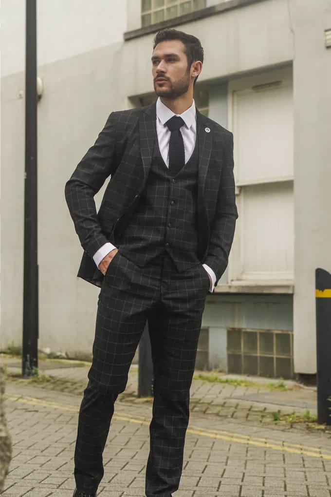 Heren Zwart Geruit 3-Delig Pak Met Tailored Fit