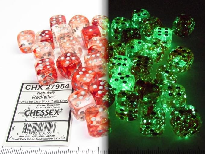 Chessex Nebula Red/silver Luminary D6 12mm Dobbelsteen Set (36 stuks)