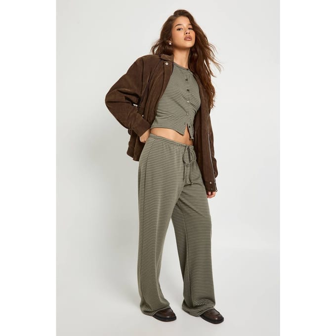 boohoo Dames Stripe Minimal Tailleband Wijde Pijpen Broek | Khaki | Maat: 10