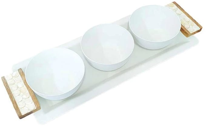AULICA - Aperitief set van 3 kommen op wit en hout vergulde plank - 33x14cm