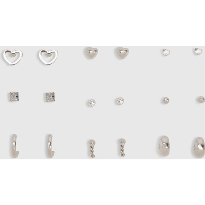 boohoo Dames Zilveren stud oorbel 9-pack