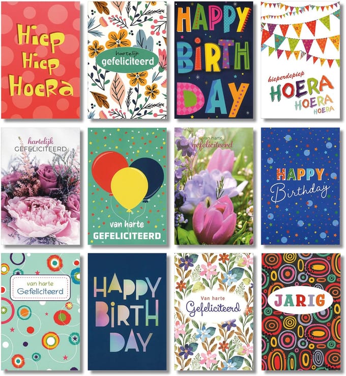 MGPcards - 12 dubbele wenskaarten met envelop - Jarig - Gefeliciteerd - Birthday - 11,5 x 17 cm