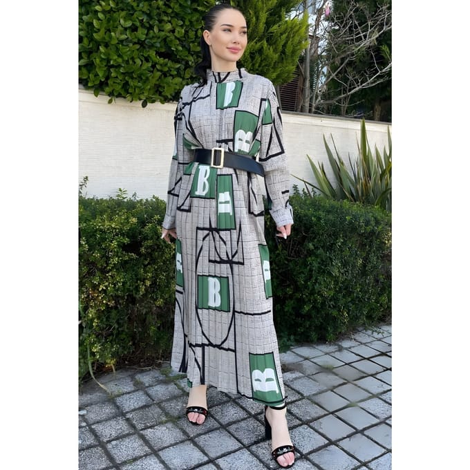 Geometrische Print Maxidress met Ceintuur en Mandarin Collar