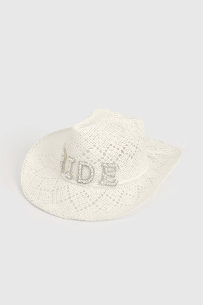 boohoo Dames Kralenversierde Bruid Strohoed Western Cowboyhoed | Wit