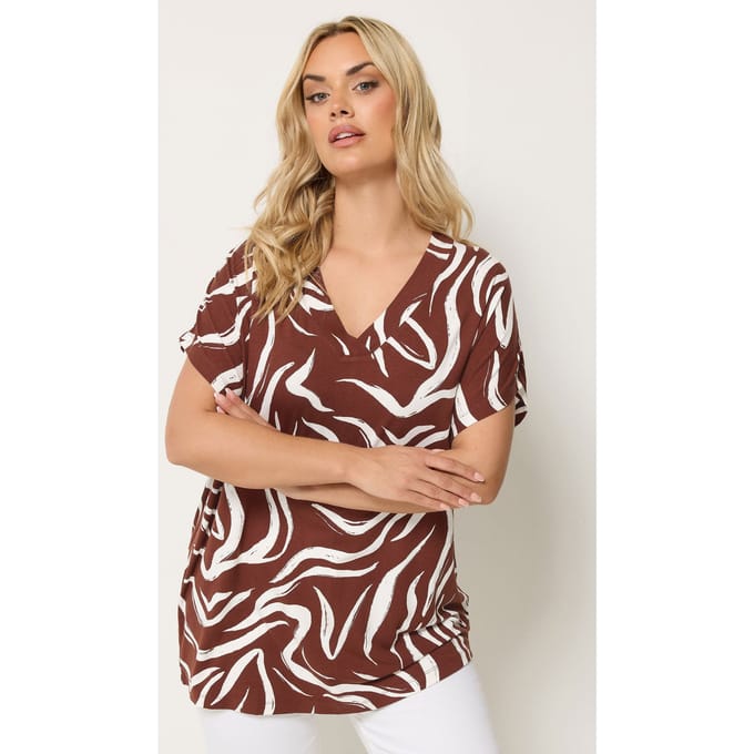 Yours Bruin Tshirt Met Abstracte Print En Aangeknipte Mouwen Size 50-52