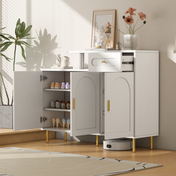 Kommode - 120x92x35 cm wit - 3 deuren & 1 lade - metalen poten & handgrepen - veelzijdig