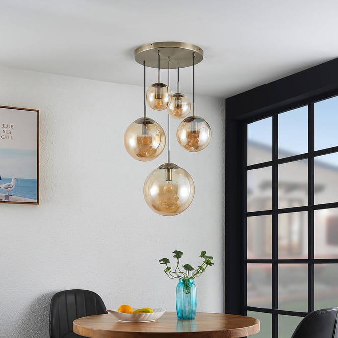 Lindby - hanglamp - 5lichts - Glas, staal - H: 30 cm - E27 - amber, oud messing