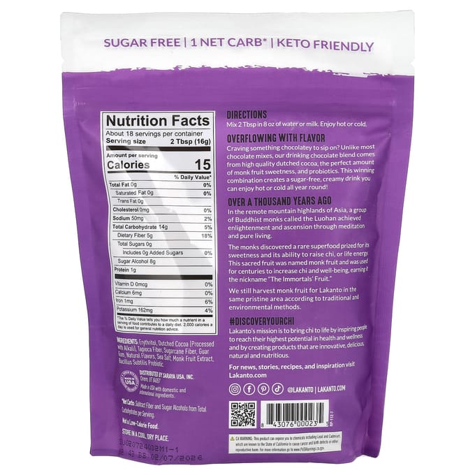 Lakanto, Drinkbare Chocoladepoeder Drankmix, Gezoet met Monniksfruit en Erythritol, 10 oz (283.5 g)