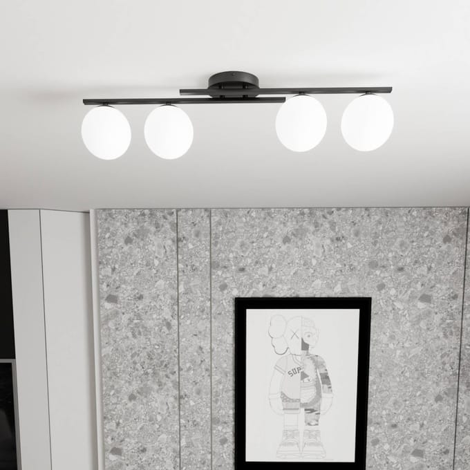 EMIBIG LIGHTING Plafondlamp Kairo, zwart/opaal, lengte 87 cm, 4-lamps.