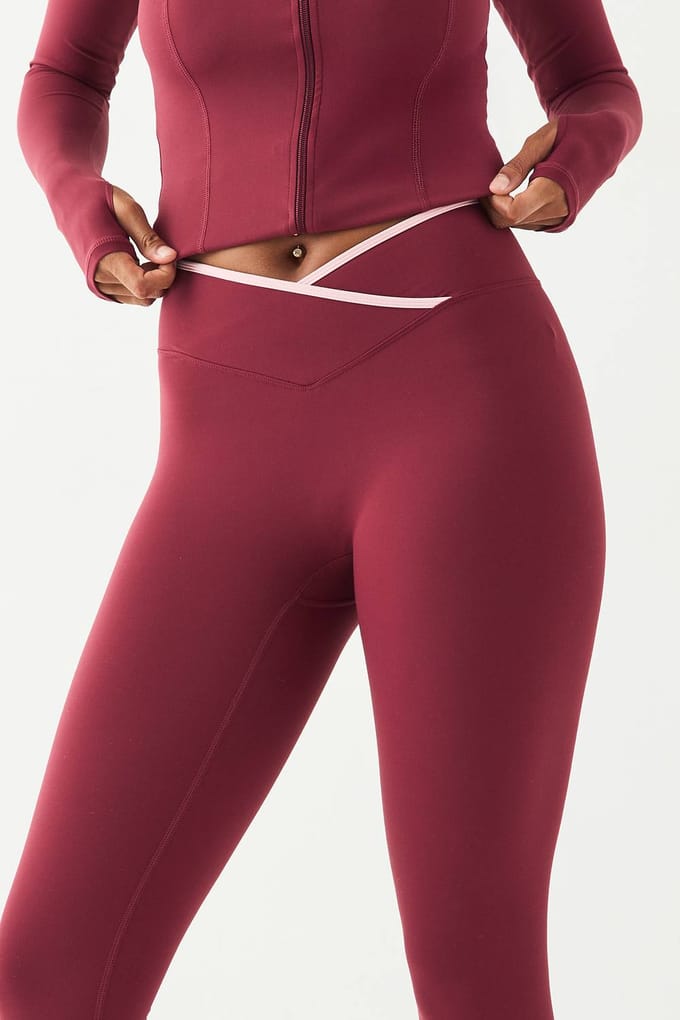 Dames DSGN Studio Sport Contrast Binding Wrap Waist Legging | Burgundy | Maat: XL