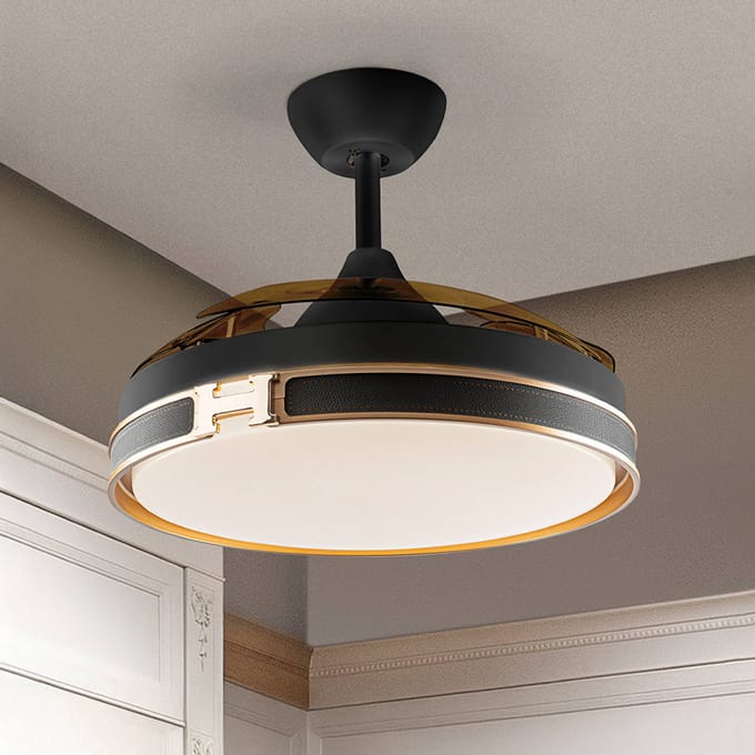 Schuller Valencia LED plafondventilator Herón zwart/goud/rookkleurig Ø 106 cm stil