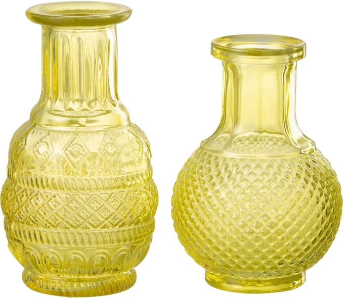 J-Line vaas Kano - glas - geel - 2 stuks - 14 cm hoog