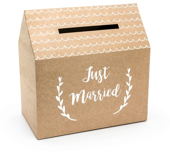 PARTYDECO - Kraftkartonnen urne Just Married huisvorm 30 x 30,5 x 16,5 cm
