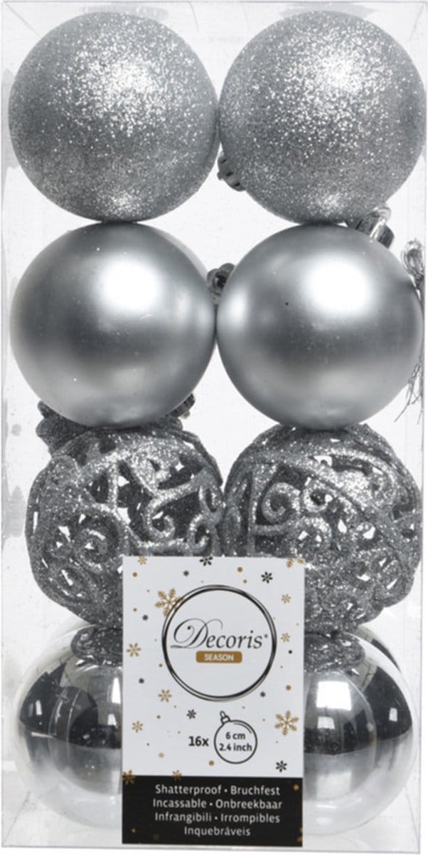 Decoris Kerstballen - 16x st - zilver - D6 cm - kunststof - kerstversiering