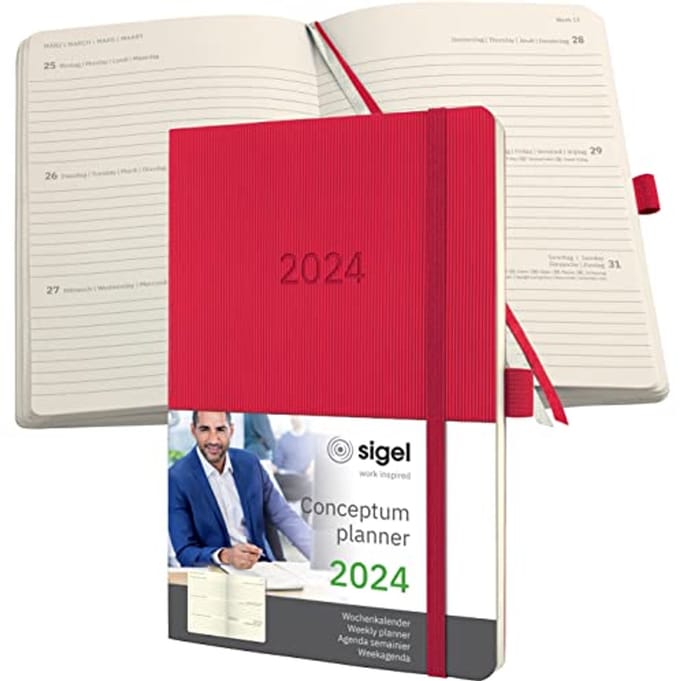 Agenda Weekkalender A5 2024 - Rood - Softcover met Penlus en Archieftas