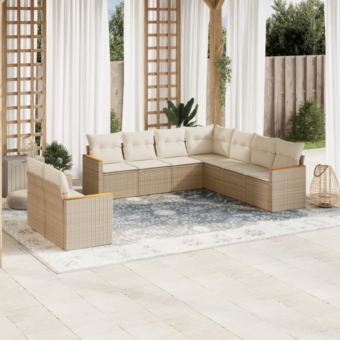 vidaXL - 9-delige - Loungeset - met - kussens - poly - rattan - beige