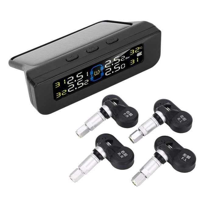 Système de Surveillance de la Pression des Pneus Sans Fil Solaire TPMS Moniteur de Pression des Pneus avec 4 Capteurs Écran LCD pour Voiture black