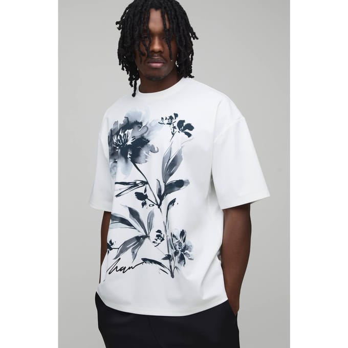 Lang Oversized T-shirt Met Bloemenprint | Ecru | Size Small