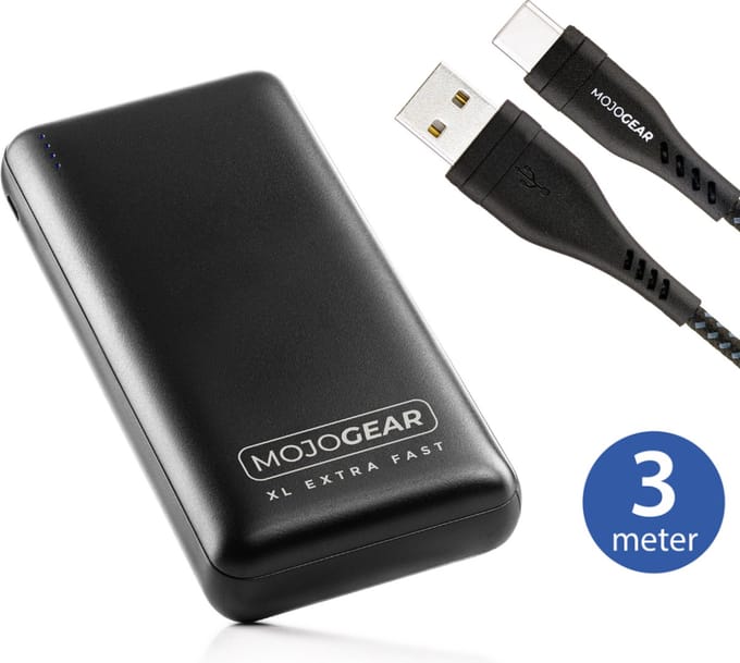 MOJOGEAR MINI XL 20.000 mAh EXTRA FAST powerbank met USB-C naar USB kabel Extra Sterk 3m