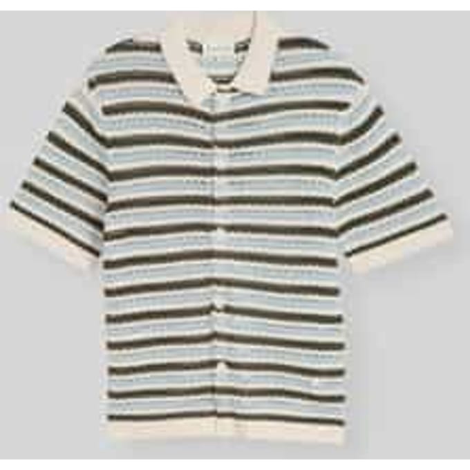 Tom Tailor - Gebreid poloshirt met streepmotief - Maat M - olive light blue stripe
