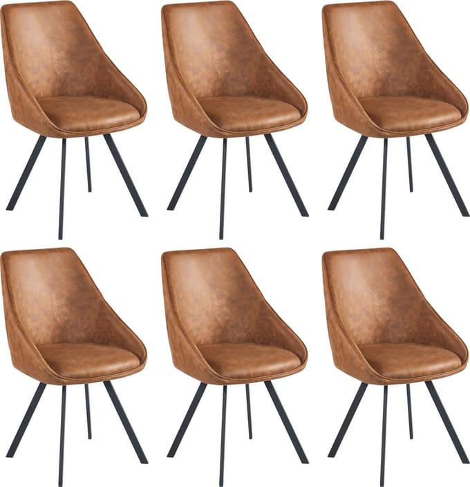 Colenis® - Twisty Eetkamerstoel - Set Van 6 - Cognac - Microfiber - Zwarte Poten - 180° - Draaistoel