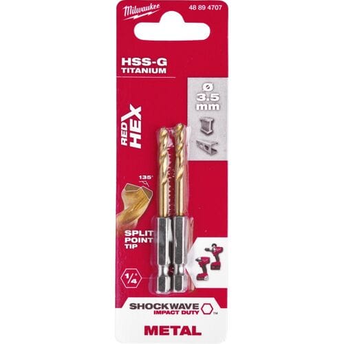 Milwaukee Metaalboor Shockwave HSS-G Tin Red Hex Shockwave HSS-G TiN Red Hex 3,5 mm - 2 stuks - 48894707