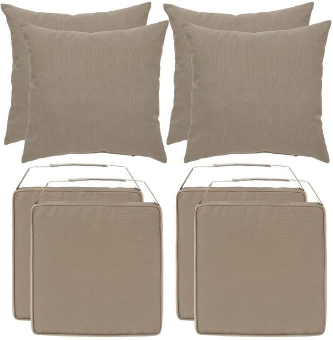 Hesperide 4x stoelkussen + 4x sierkussen - lichtbruin - polyester - uv/waterbestendig