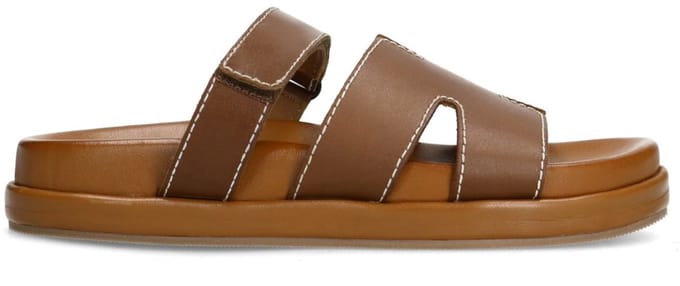 Sacha - Dames - Cognac leren slippers met klittenband - Maat 36