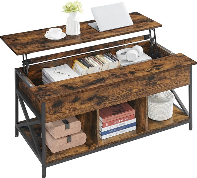 VASAGLE - Salontafel - Bijzettafel - Verstelbaar Blad - Open en Verborgen Opbergruimte - X-frame Design