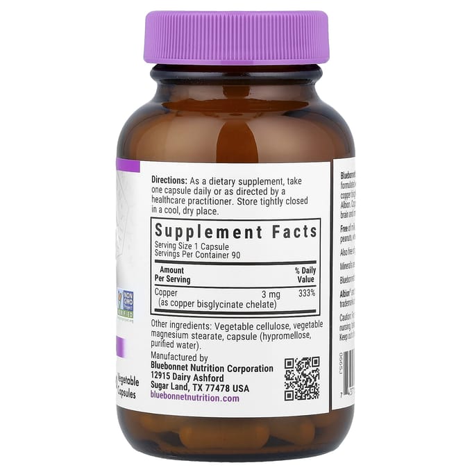 Cuivre chélaté, 3 mg, 90 gélules végétales