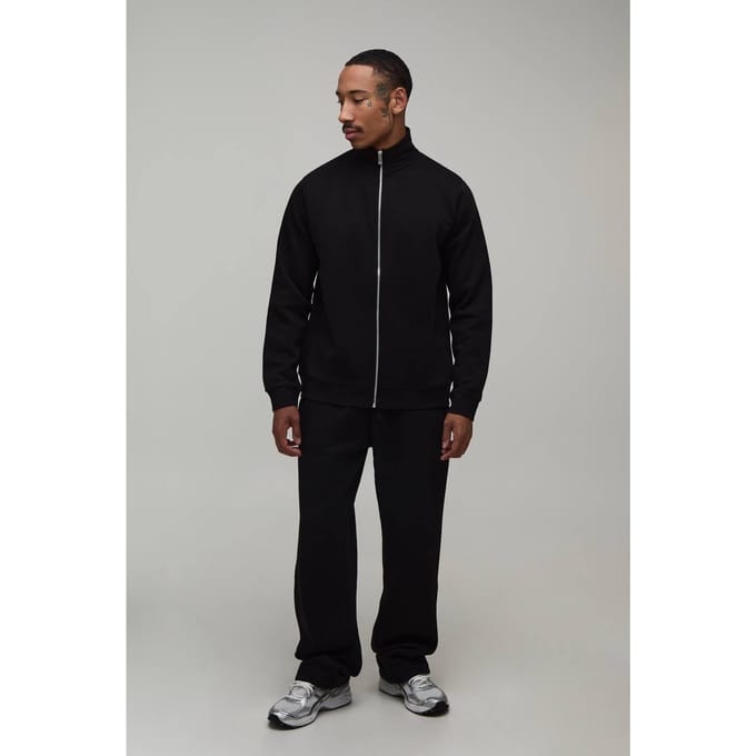 Regular Funnel Neck Sweatshirt Met Rits En Rechte Pijp Joggingbroek | Black | Size Large