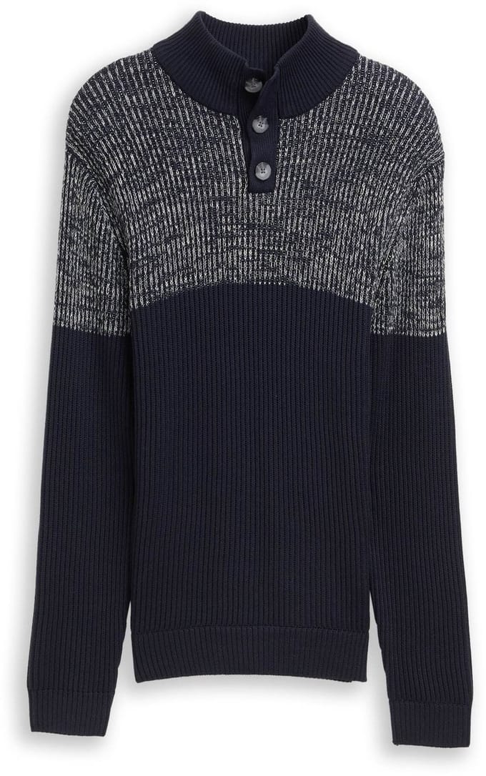 Tom Tailor - Troyer gebreide trui met knoopsluiting - Maat XL - offwhite navy plated mouline