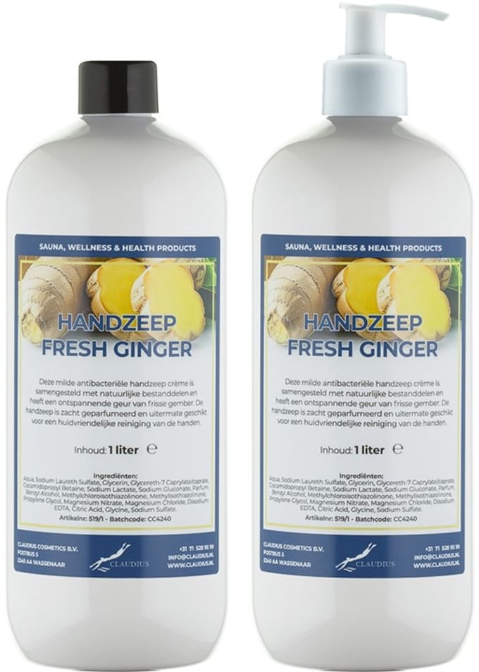 Handzeep Fresh Ginger 1 liter - set van 2 stuks - met gratis pomp - Voordeelverpakking