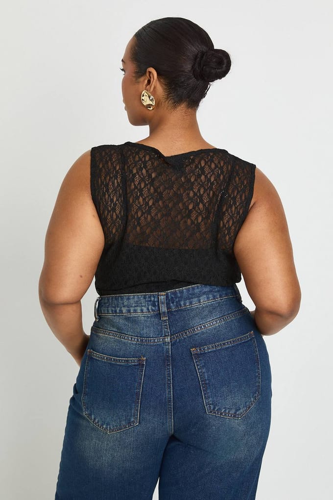 boohoo Dames Plus Kanten Racerback Bodysuit | Black | Maat: 24