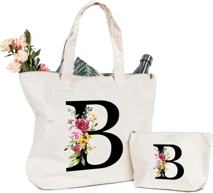Canvas Shopper Tas met Bedrukking: Bloemen en Initialen, Ideaal als Cadeau