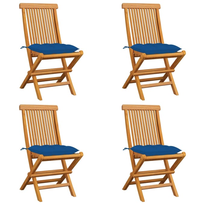 vidaXL Klapstoelen met blauwe kussens, 4 stuks, massief teakhout