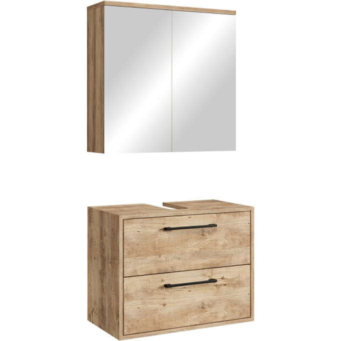 Badplaats Wastafelkast Set Florence 60 x 35 cm – Kastanje Eiken – Badmeubel met Spiegelkast