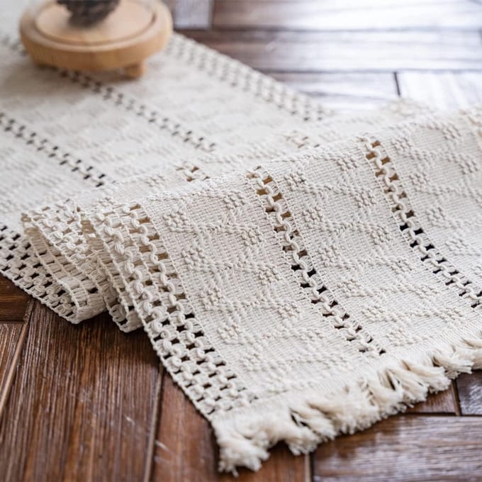 Tafelloper - Macramé katoen-linnen mesh - Beige 30x120cm