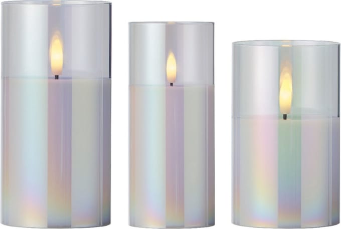 Lumineo luxe LED kaarsen - in glas - 3x st - transparant parelmoer - stompkaarsen - timer - stompkaarsen