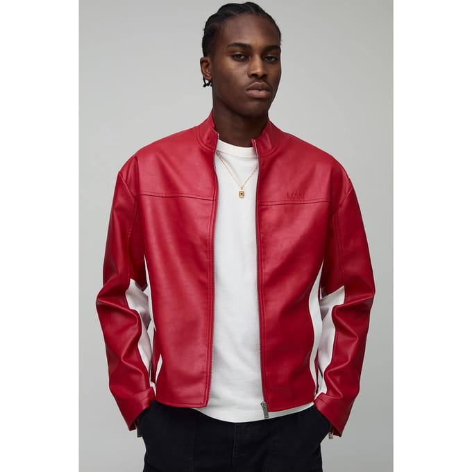 Boxy Fit Colour Block Panel PU Biker Jacket | Red | Size Medium