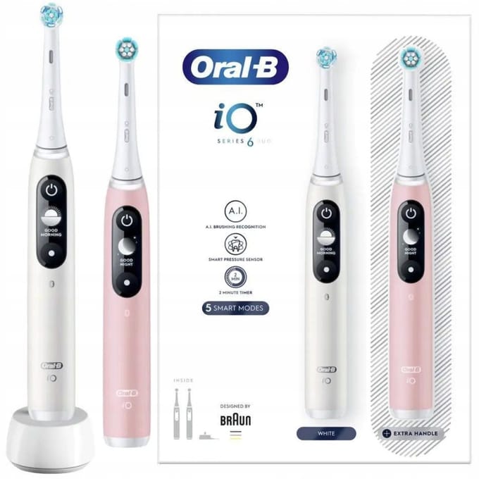 Oral-B iO Series 6 Duo - Elektrische Tandenborstel Wit & Roze - AI-technologie - 5 poetsmodi - Druksensor