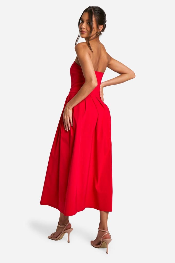boohoo Dames Bengaline Korset Skater Midaxi Jurk | Rood | Maat: 36