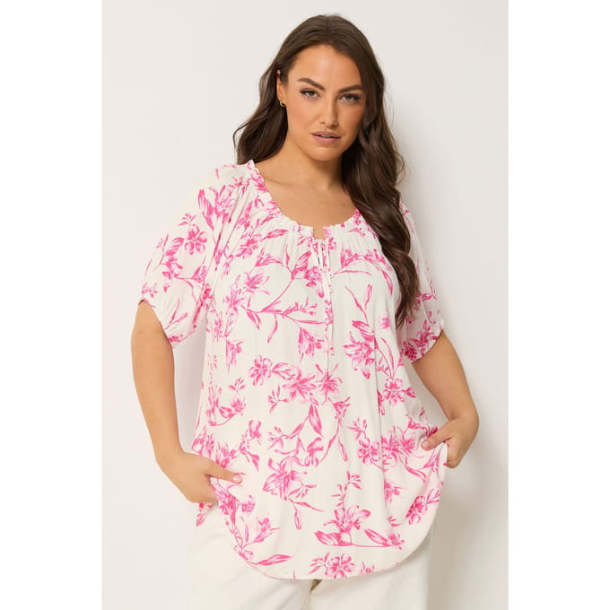 Yours Roze Bardottop Met Bloemenprint Size 54-56