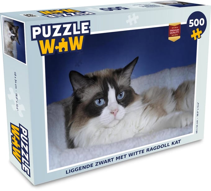 Puzzel Liggende zwart met witte Ragdoll kat - Legpuzzel - Puzzel 500 stukjes