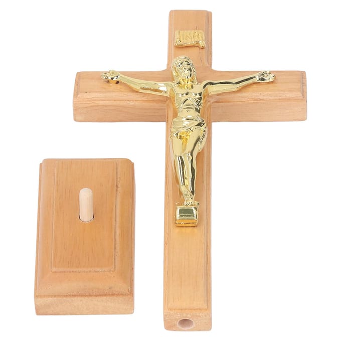 Crucifix de table en croix fabriqué à la main en hêtre brun clair durable avec base stable en métal Crucifix debout pour beige