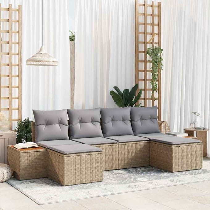 vidaXL - Tuinbank - Set - 6 - st - Beige - en - Lichtgrijs - Poly - Riet