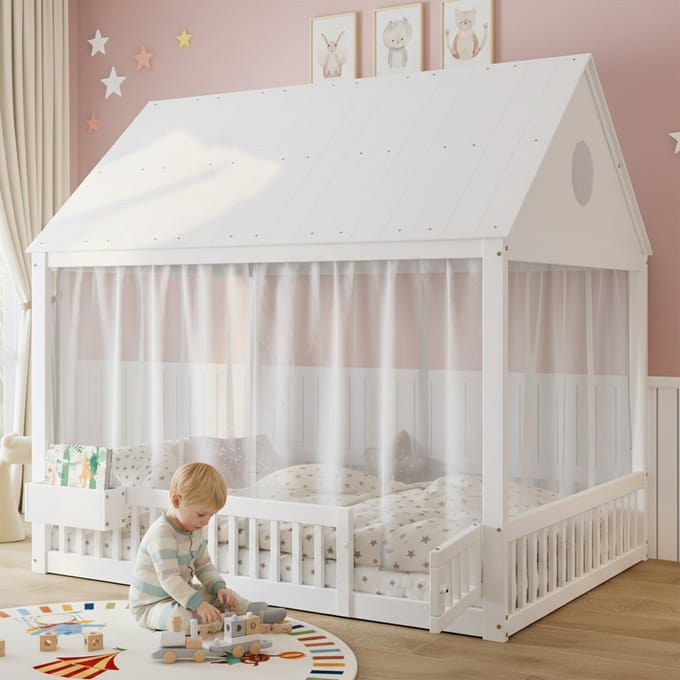 MODFU – Eenpersoonsbed – 140x200 cm – Kinderbed met Raam & Dak – Opbergvak – Massief Hout – Wit