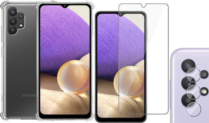 Hoesje geschikt voor Samsung Galaxy A32 5G - Screenprotector Glas & Camera Screen Protector - Transparant Shock Case